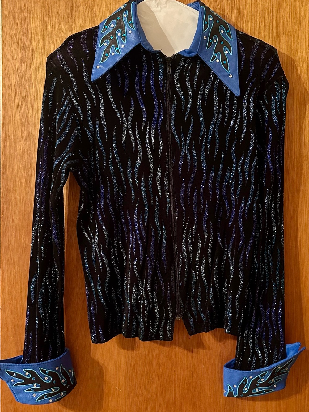 Lightweight Cobalt Blue & Black Embellished Zippered Jacket w/ Decorative Collar